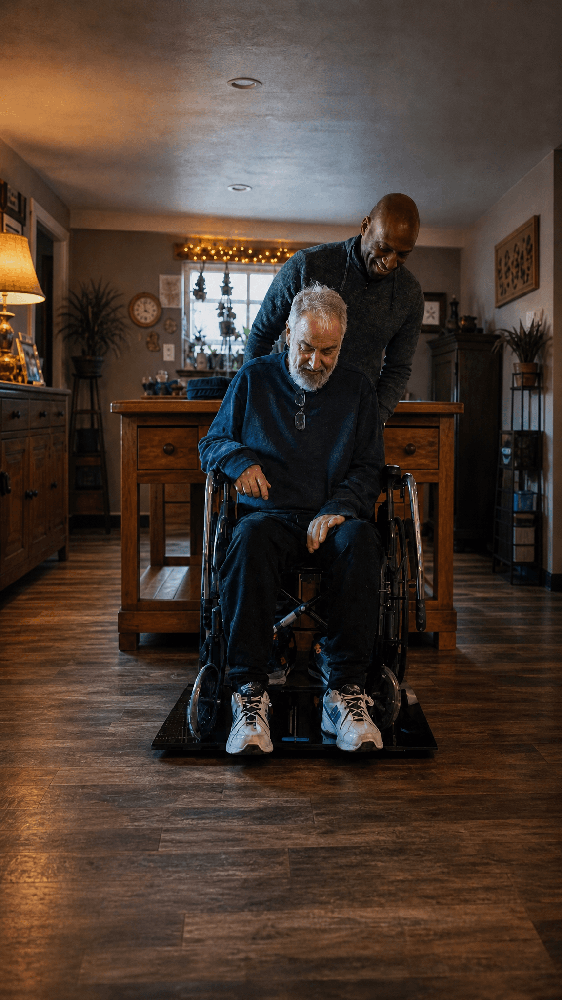 Two men sharing a moment at home, one seated in his wheelchair