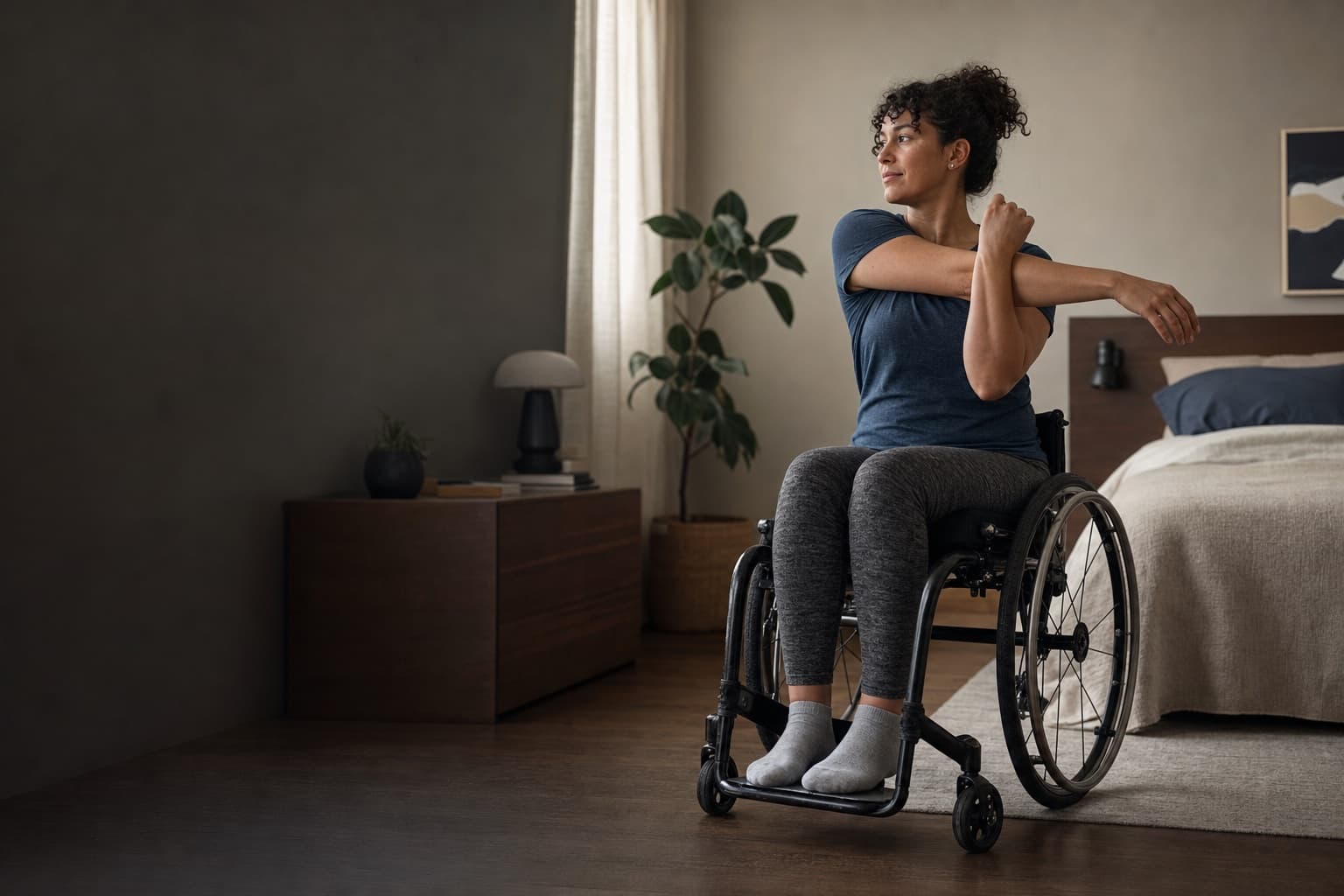 Wheelchair user beginning an at-home wellness routine