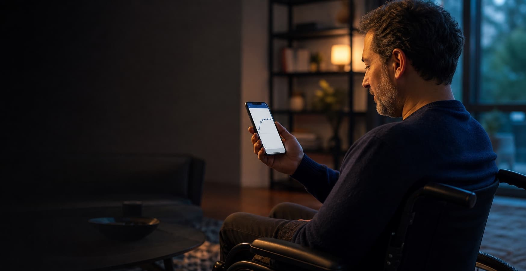 Wheelchair user privately reviewing a health trend on a phone